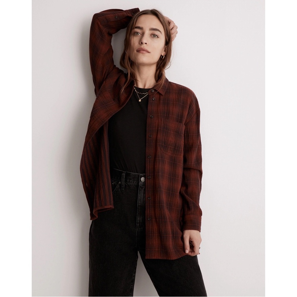 NWT Madewell Oversized Flannel Button-Down Shirt in Burnished Mahogany Red Plaid